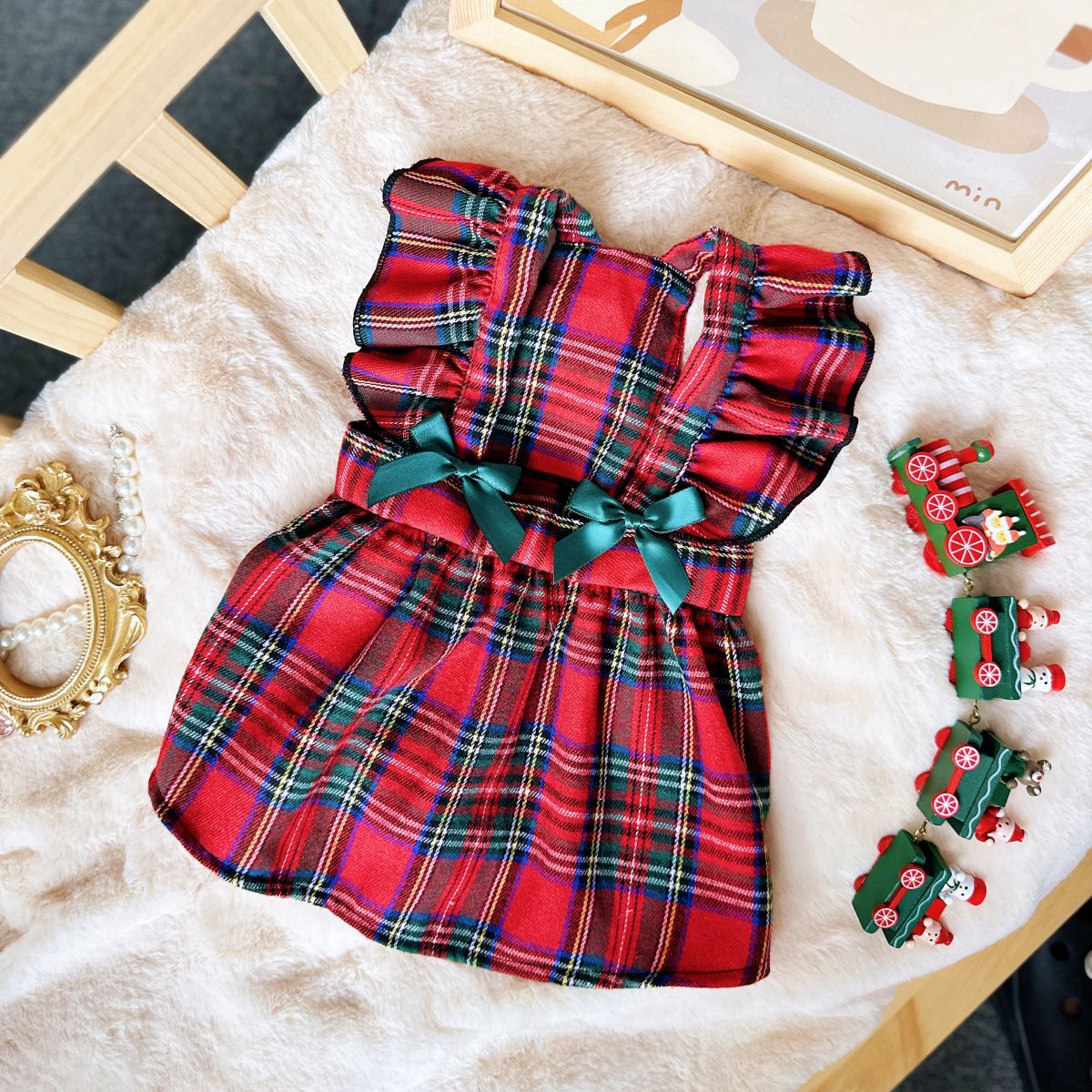 Red Tartan Pattern  Plaid Dog Dress with Turquoise Bow